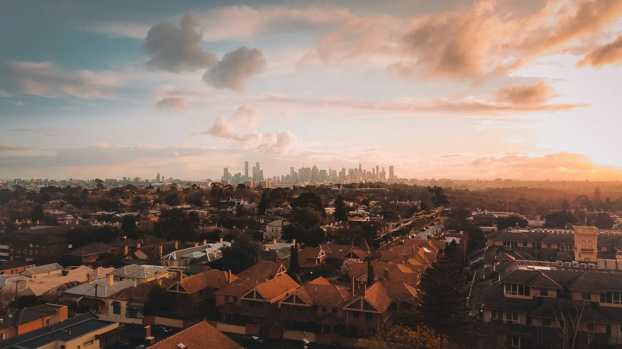 Melbourne skyline at sunrise over the inner suburbs